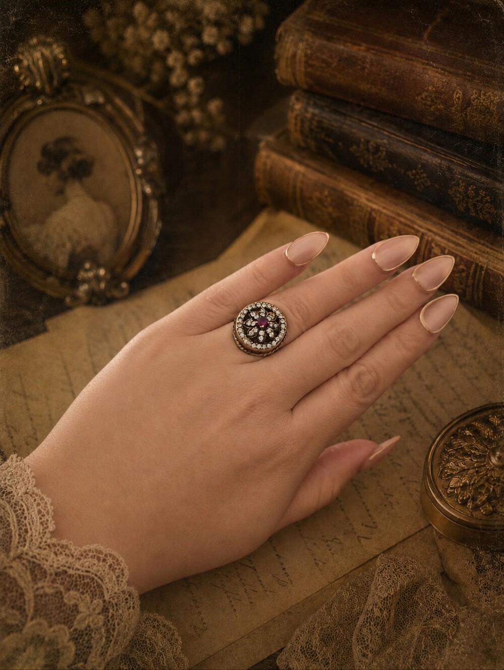 Vintage Ottoman Revival Sterling Silver & Vermeil Ruby Cluster Ring